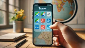 A smartphone screen displaying various travel apps