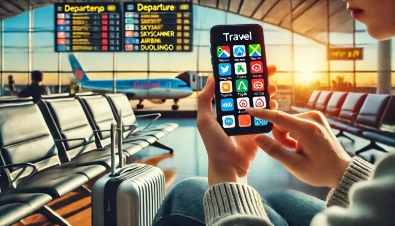 A traveler using a smartphone at an airport