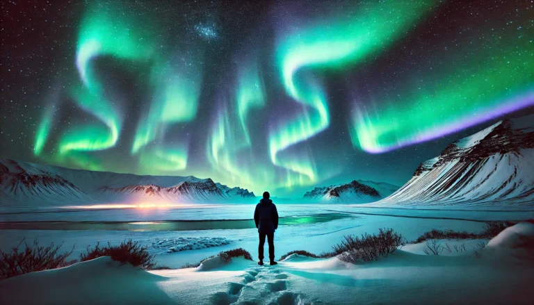 A breathtaking view of the Northern Lights dancing over the snow-covered landscape in Iceland