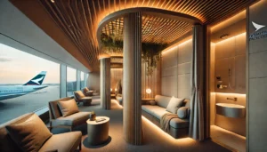 A luxurious interior of Cathay Pacific's The Wing lounge at Hong Kong International Airport