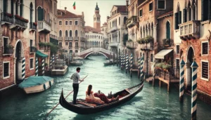 A romantic couple enjoying a gondola ride in Venice, Italy