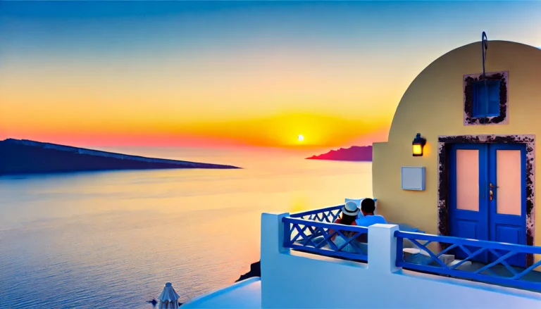 A romantic sunset view over the Aegean Sea from the whitewashed buildings of Santorini, Greece