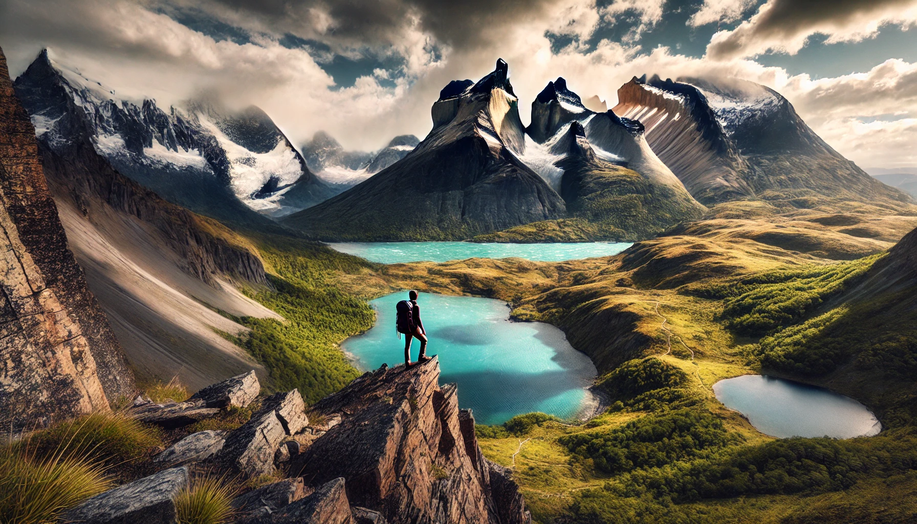 A stunning landscape in Patagonia, showing rugged mountains, crystal-clear lakes, and a hiker standing at the edge of a cliff